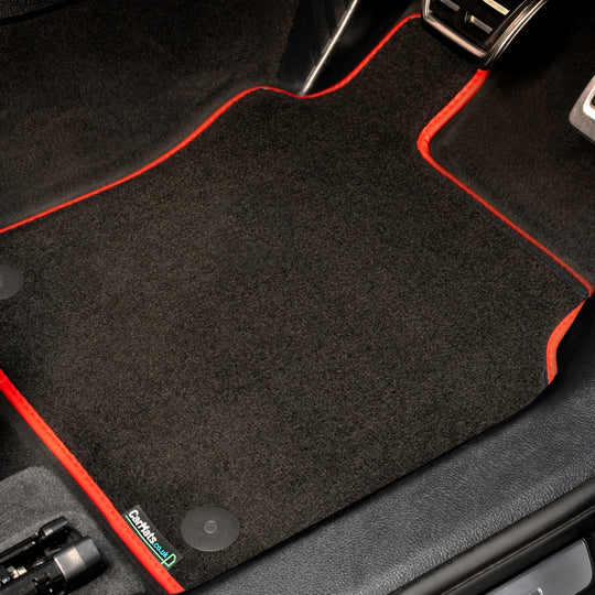 Hyundai Kona Electric (SX2) 2024+ Car Mats // Black Executive, Red Trim, PVC Heelpad