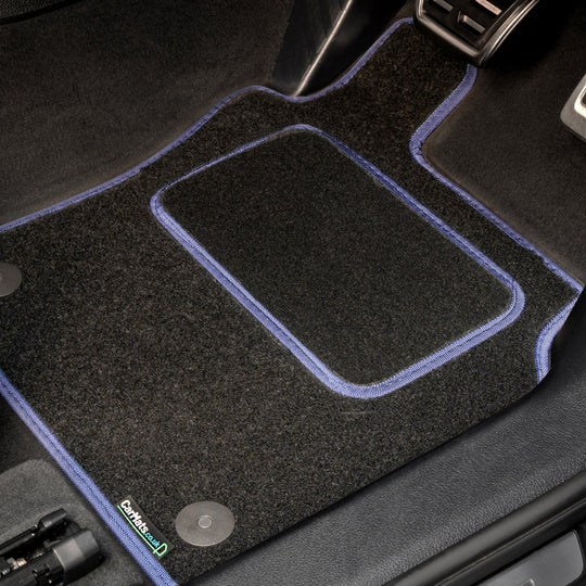 Alpine A110 (without passenger footrest) 2023+ Car Mats // Black Grand, Blue Trim, Carpet Heelpad