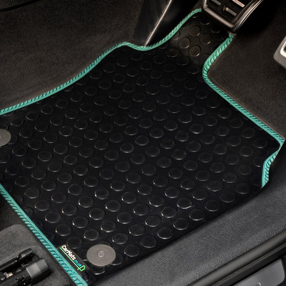 Honda e:Ny1 2023+ Car Mats // Black Off Road Rubber, Green Trim, No Heelpad