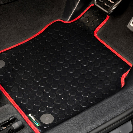 Toyota Yaris 2011-2019 Car Mats // Black Off Road Rubber, Red Trim, No Heelpad