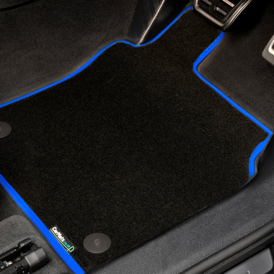 BMW 4 Series F82 M4 Coupe 2013-2020 Car Mats // Black Super, Blue Trim, No Heelpad