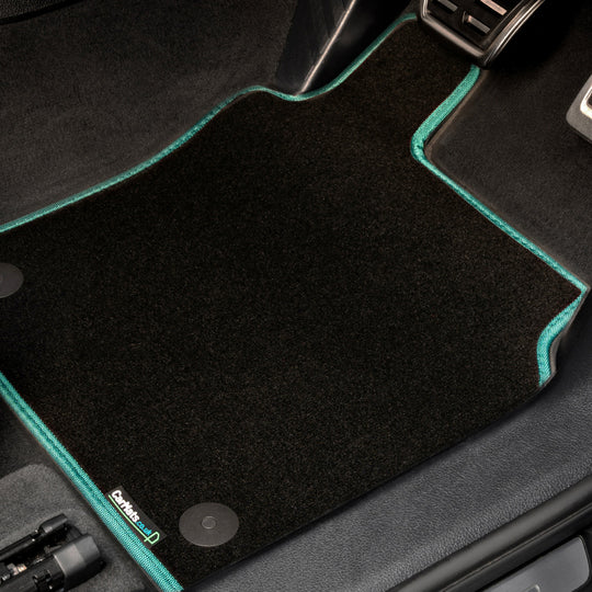 Vauxhall Corsa F Hybrid 2024+ Car Mats // Black Super, Green Trim, PVC Heelpad