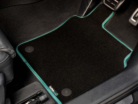 Mercedes M-Class 2012-2015 Car Mats // Black Super, Green Trim, Carpet Heelpad