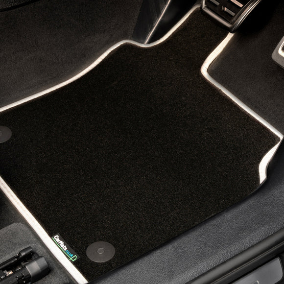 Bentley Bentayga 2016+ Car Mats // Black Super, White Trim, No Heelpad